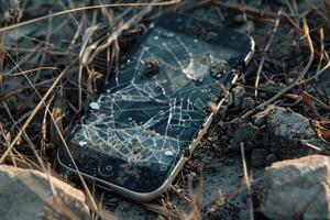 Broken smart phone lying on ground with shattered screen photo