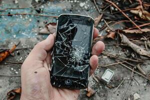 Hand holding a broken smart phone with a shattered screen photo