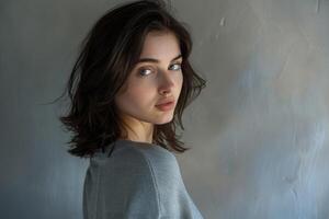 Beautiful brunette model posing over a gray background photo