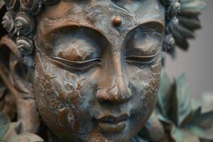Close up of buddha face statue expressing serenity photo