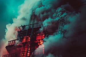 Fire engulfing building as smoke billows from windows at night photo
