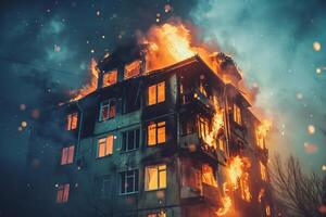 Massive fire engulfing apartment building at night photo
