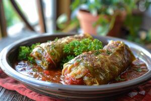 Cabbage rolls stuffed with minced meat and rice covered in tomato sauce photo