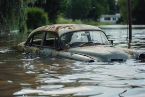Abandoned rusty car submerged in water after natural disaster flood photo