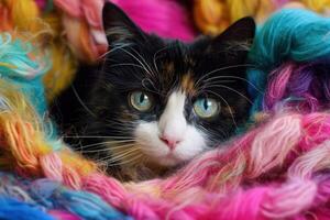 Cat relaxing surrounded by colorful yarn balls photo