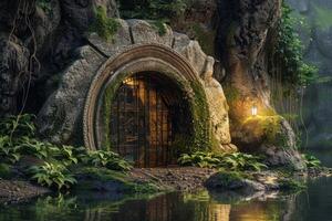 Gate leading to an ancient stone temple illuminating a mystical forest photo