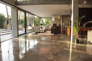 Spacious modern open plan home with polished concrete floor photo
