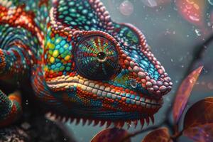 Colorful chameleon resting on a branch in the rainforest photo