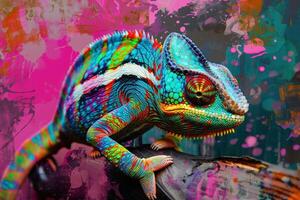 Chameleon standing on a branch showing its beautiful colors photo