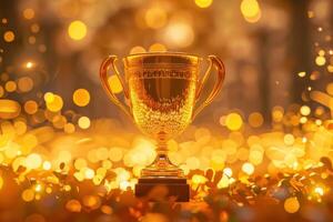 Golden trophy standing out from defocused background with bokeh photo