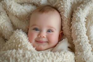 Adorable baby smiling and lying on a white fluffy blanket photo