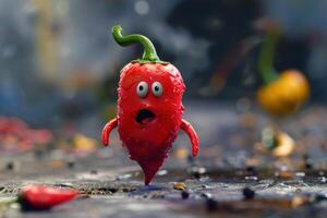 3d character red chili pepper walking with a surprised expression photo