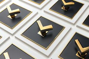 Golden check mark symbols repeating on black square plates 3d illustration photo
