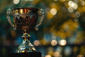 Golden trophy standing on wood surface with bokeh background photo