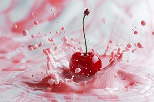Red cherry splashing into pink liquid creating a crown shape photo