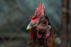 Curious hen looking at viewer from behind a fence photo