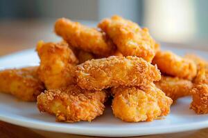Pile of crispy fried chicken nuggets sitting on white plate photo