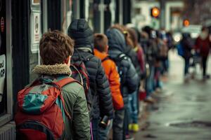Group of students standing in line outside on field trip in urban setting photo
