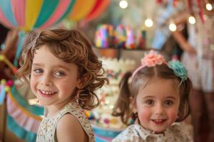 Two happy children smiling at birthday party with balloons and cake photo