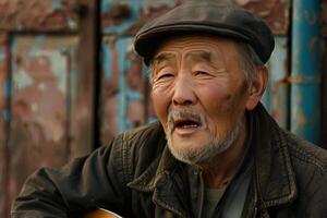 Senior asian musician singing with emotion while playing guitar photo