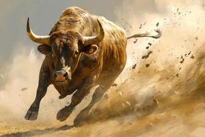 Charging bull in dynamic dust cloud photo