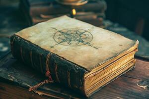 Esoteric Ancient philosophical tome positioned book. Generate Ai photo