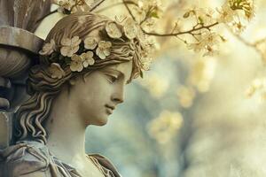 Enigmatic ancient statue with blossoming spring flowers photo