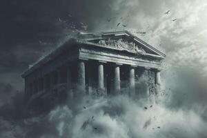 Mystical ancient temple in stormy sky photo