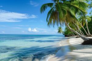 Sunny Beach with palm trees. Generate Ai photo