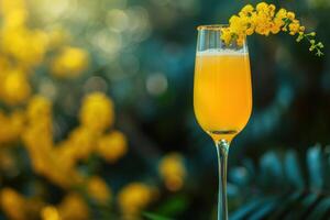 Refreshing mimosa cocktail with blooming backdrop photo