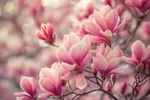 Blooming magnolia branches soft background photo