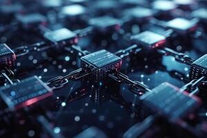 Close-up of advanced blockchain cubes connected by chains, symbolizing secure digital transactions photo