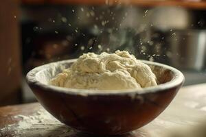 Fresh dough in wooden bowl with flour splash photo