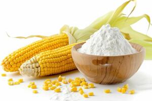 Fresh corn ears and corn flour on white background photo