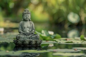 Serene buddha statue in tranquil pond setting photo