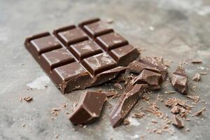 Broken chocolate bar on grey background photo