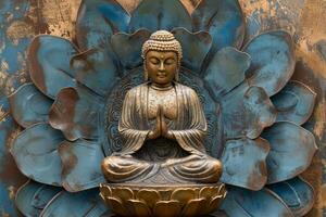 Serene buddha statue on lotus backdrop photo