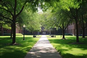 Serene walkway lined with trees leading to an academic building on a sunny day photo