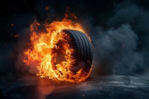 Flaming tire on dark background photo
