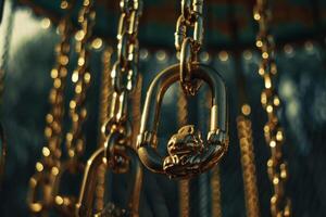 Shimmering closeup of golden chain links from a carousel, with a bokeh background photo