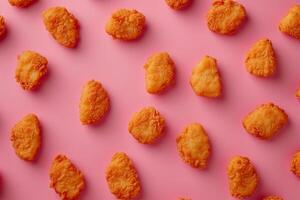 Crispy chicken nuggets array on pink background photo