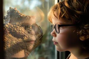 Curious child face to face with iguana through glass photo
