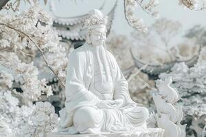Serene marble statue of an ancient sage in a blossoming garden photo