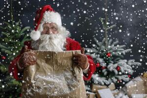 Santa claus with sack in snowy christmas setting photo