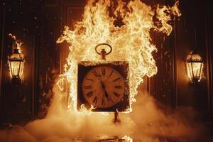 Conceptual image of a clock engulfed in flames against a dark backdrop photo