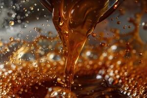 Highspeed photography captures a dynamic splash of golden oil with sparkling droplets frozen in midair photo