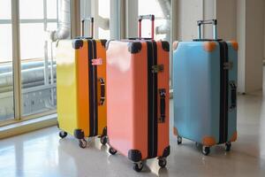 Colorful suitcases lined up in airport terminal photo