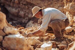Archaeologist working at excavation site . Generate Ai photo