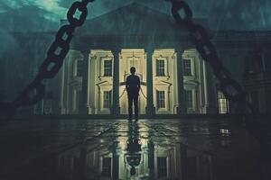 Mysterious figure stands shrouded in shadow with chains in the foreground against a dark, moody mansion backdrop photo
