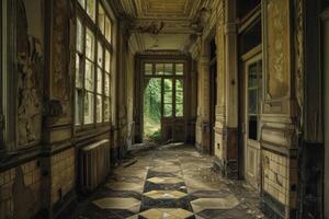 Dilapidated interior of an abandoned mansion, with peeling walls and a grand geometric floor photo
